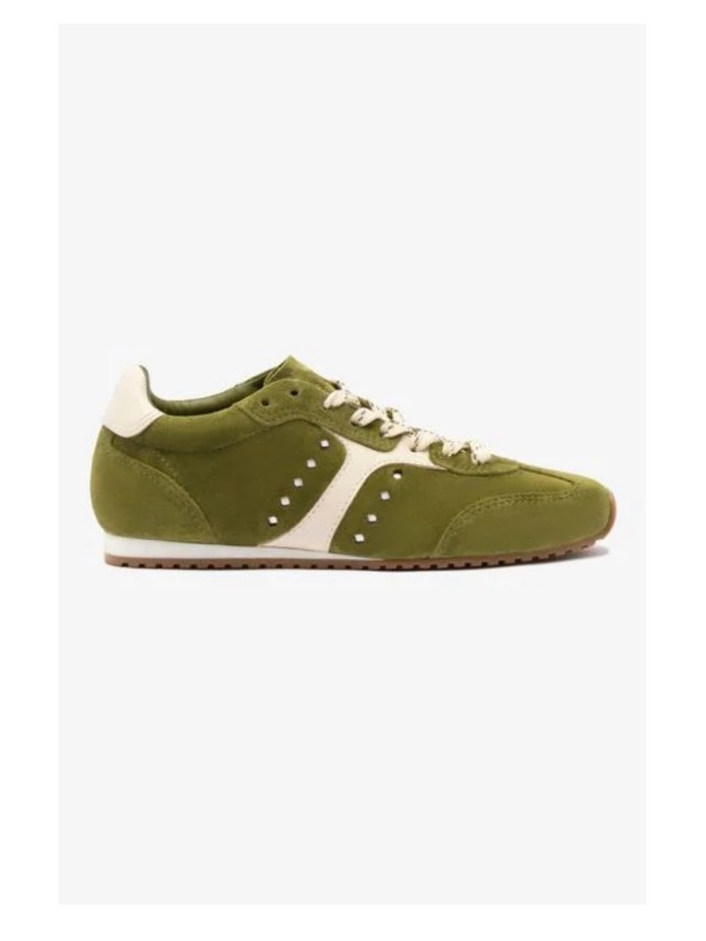 Larroude Stella Sneaker - Seaweed Suede and Ivory Leather. Women’s 8.5